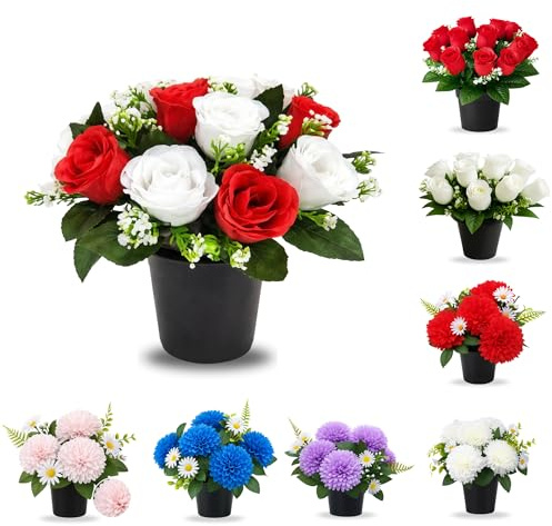 Artificial Grave Flowers in Pot – 12 Daisies Heads | Weatherproof Memorial Decoration | Realistic Cemetery Flower Arrangement for Outdoor Use | 25cm High | Long-Lasting Tribute Display (Red & White)