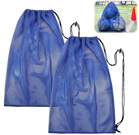 Hwanme 2PCS Blue Drawstring Mesh Sports Bag with Cord Lock Closure,Multipurpose Storage Bags for Collecting Footballs, Tennis, Toys, Beach, Sports Gym, Travel