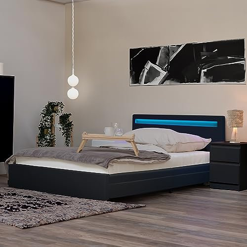 HOME DELUXE - LED Bett NUBE - Dunkelgrau, 180 x 200 cm - inkl. Lattenrost und Schubladen I Polsterbett Design Bett inkl. Beleuchtung