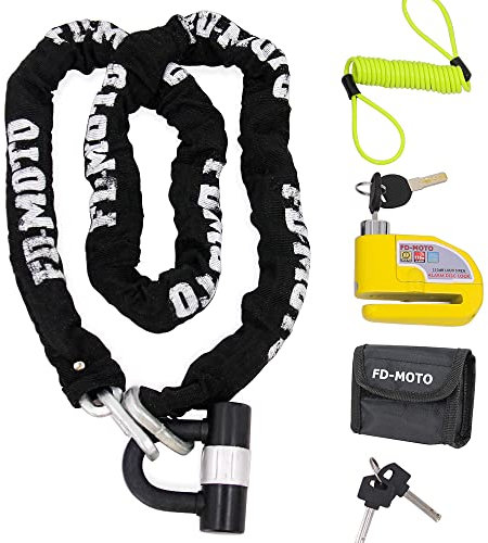 FD-MOTO 1.8M*10mm 4KG Steel Motorcycle Chain Lock Padlock + 110dB Yellow Alarmed Motorbike Brake Disc Lock + 1.5M Cable