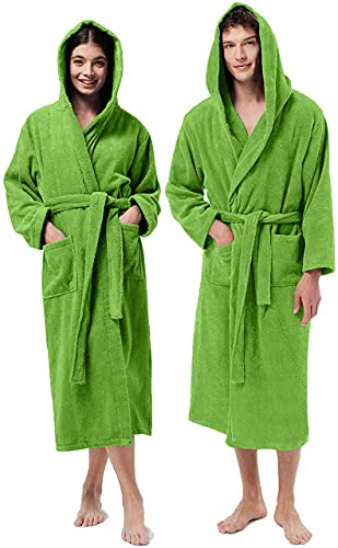 JENNY SESAL frottébadrock 100% bomull med huva, unisex, mjuk vid beröring med utmärkt absorptionsförmåga, extremt bekväm., Grön, M