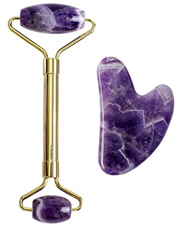 BXSMNH Jade Roller Und Gua Sha Set Gouache Amethyst Naturstein Gesichtsmassagegerät Jade Roller Gua Sha Spa Set Akupunktur Kristall Schaben Gouache Gesichtsschaber