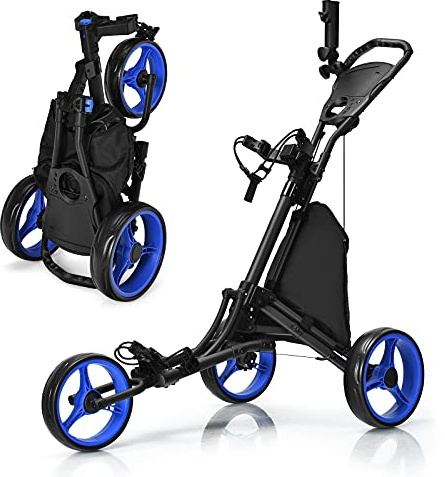 GYMAX 3/4 Wheels Golf Push Pull Cart, Lightweight Height Adjustable Golf Trolley with Storage Bag, Foot Brake, Umbrella Holder and Built-in Cooler, Foldable Golf Bag Holder (3 Wheels, Blue)
