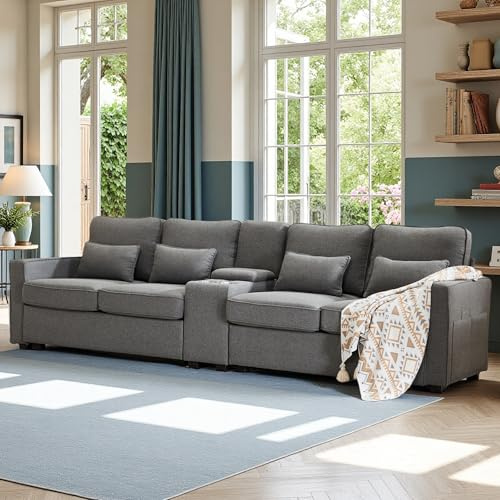 Sapgaks Sofá de 4 plazas,sofá salón Gris Oscuro,Sofá de Tela de Lino de 4 plazas con Consola,2 portavasos,con 2 Puertos USB para Cargar con Cable,con Bolsillos para reposabrazos y 4 Cojines