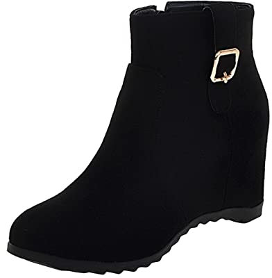 LOIJMK Lacci neri da donna, tinta unita, fibbia per cintura, rialzo interno, zeppa, cerniera laterale scarpe da donna stivaletti con tacco, Nero , 37 EU