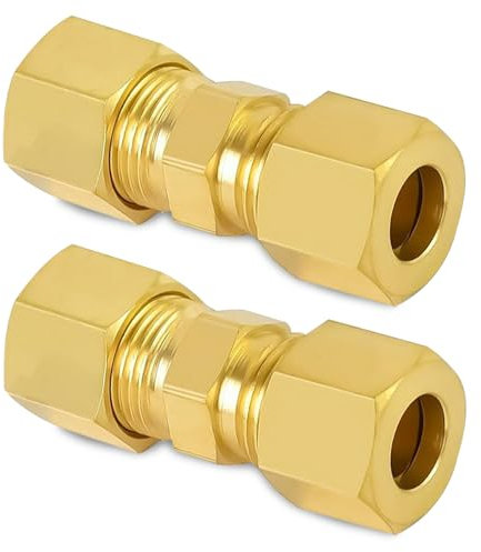 Lot de 2 raccords de tuyau de compression de 8 mm, 8 mm OD x 8 mm OD en laiton, raccords droits, convient pour tuyauterie, compresseurs d'air, dorés