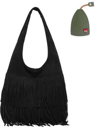 RICOKJRDE Bolso De Ante con Flecos Y Borlas para Mujer, Bolso Bandolera con Borlas Estilo Bohemio, Bolso De Hombro De Gran Capacidad para El Trabajo Y El Ocio (Black)