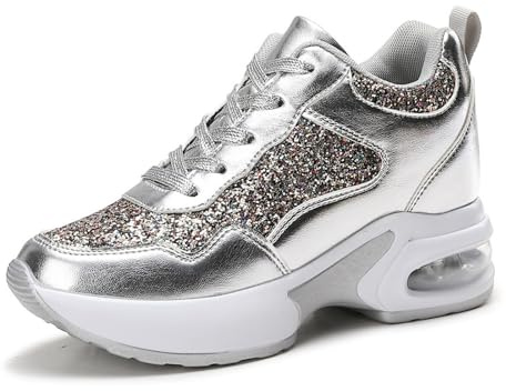 MIXSEN Basket Compensee Femme Sneakers Basses Compensées 8 cm Chaussures Talon Compensé Tennis(Argent,42EU)