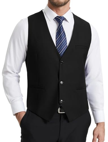 HISDERN Gilet da Abito Uomo Nero Panciotto Uomo Elegante Regular Fit Cotone Poliestere Panciotti da Sposo Classico Gilet Vestito con 3 Bottoni Tasche per Matrimonio Cerimonia Ufficio XXL