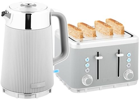 HOMCOM Electric Stainless Steel Kettle and Toaster Set, 3000W 1.7L UK Strix Thermostat Fast Boil Kettle w/Limescale Filter, Cool Touch Body, 4 Slice Toaster with 7 Browning Levels, Crumb Tray, Taupe