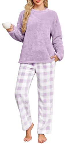 Niwicee Pigiama Invernale Pigiami Due Pezzi da Donna Pile Set Invernale in Velluto Felpa Pigiama Natalizio Morbido Lounge Nightwear per Inverno con Felpa e Pantaloni
