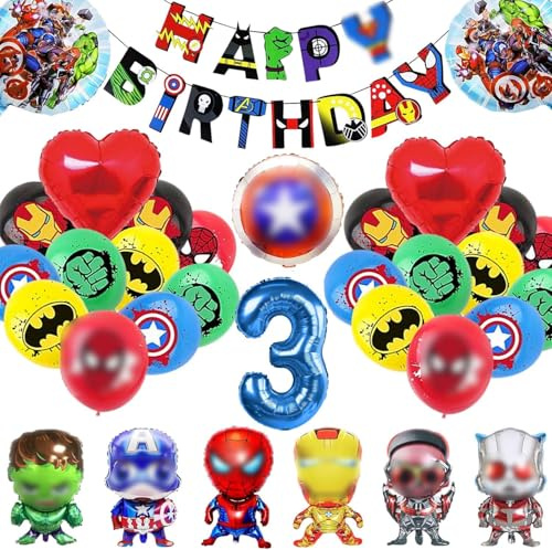 33 Piezas heroes Globos Decoracion 3 Años, Decoracion Cumpleaños h-eroes Globos, G-lobos para heroes Decoración 3 Año, Decoración de Globos de Papel de héroe, para Niños y Niñas (3 Años)