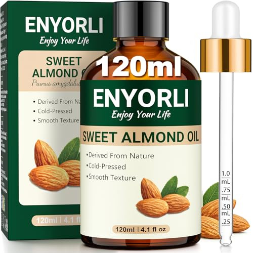 ENYORLI 120ML Prensado en Frío Aceite Esencial de Almendras Dulces Aceite Base de Origen Vegetal Hidratante Cuidado Facial y Corporal Nutritivo para el Cabello Aceite Esencial único Diluido