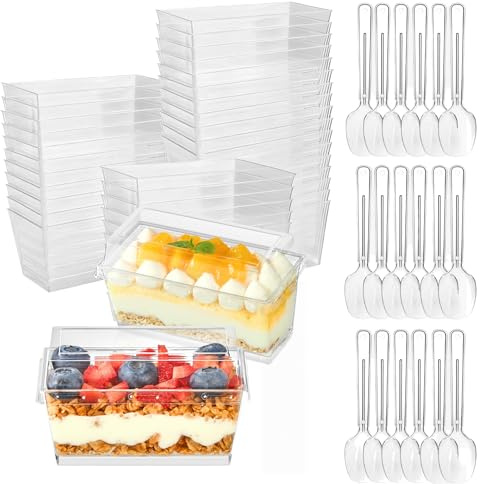 Eidoct Confezione da 50 bicchieri da dessert rettangolari da 160 ml con coperchio e cucchiai, mini contenitori da dessert riutilizzabili per mousse, budini, cheesecake e parfait, ciotole singole