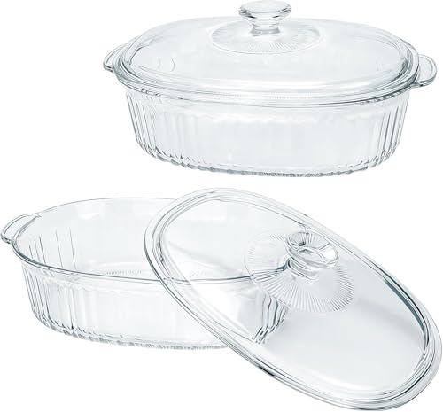 Juego de 2 cazuelas de cristal con tapa para horno de 1,9 l y 3 l – Moldes ovalados de cristal para servir lasaña, cazuelas, sobras, cocinar y cocinar