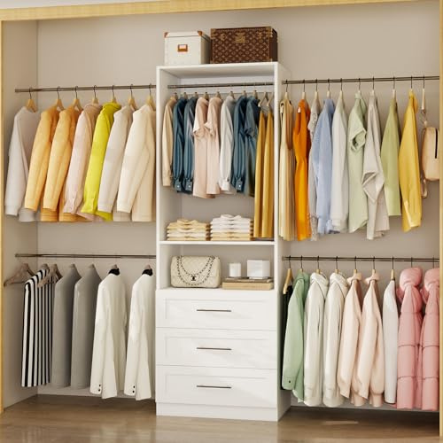 Vomavex Closet System, 4FT-8FT-9FT Closet Organizer With Drawers Wooden, Walk in Closet System with 5pcs Hanging Rods and Shelves Storage, Closet Built in System Wardrobe Organizer, White