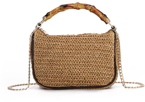 Freiesoldaten Women Straw Crossbody Bag, Boho Woven Small Shoulder Purse with Faux Bamboo Handle, Detachable Metal Chain Strap Casual Handbag for Summer Beach Vacation Travel Daily Use