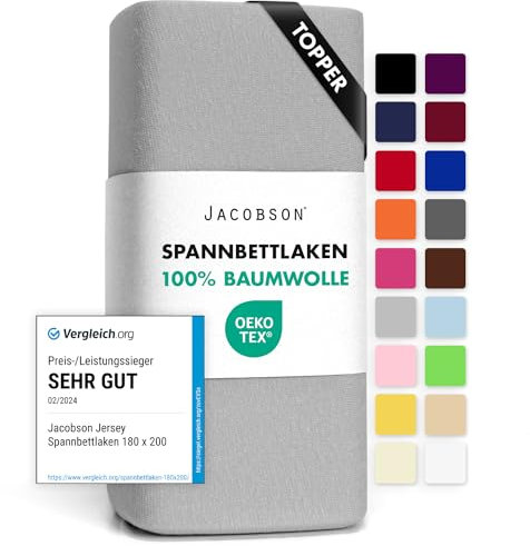 Jacobson Jersey Spannbettlaken Spannbetttuch Baumwolle Bettlaken (Topper 180-200x200 cm, Grau)