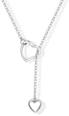 ChainsHouse Lang Y Lariat Halskette Damen Edelstahl Schlupfkette Collier Frauen Schlank Einstellbar Choker Y-Kette mit Herz Anhänger Zierliche Lariatkette Modeschmuck für Hochzeit