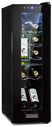 KLARSTEIN Vinoteca, Nevera para Vinos con 1 Zona de Refrigeración, Botellero para Vinos, Cerveza, Prosecco, Expositor Interior y Exterior, Panel Táctil, 32 L., Vinoteca Capacidad 12 Botellas