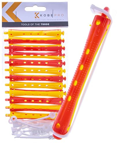 Kobe Professional Hairdressing Perm Rods with Rubbers - Non-Slip, Curling Tools for Wet/Dry Hair, Durable & Reusable - Ideal for Salons & Home Use - Red/Yellow 9 mm