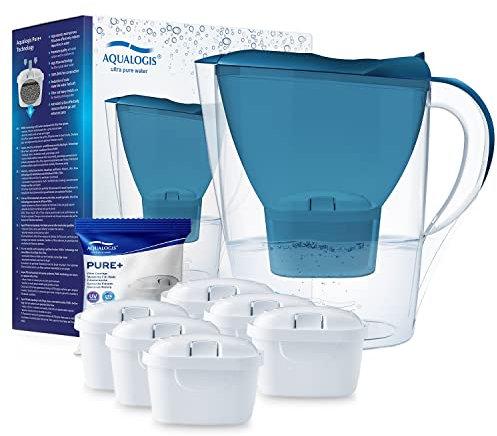 Aqualogis Harmony 2.6L Fridge Water Filter Jug for Reduction of Microplastics, Scale, Chlorine, Taste and Odor, BPA Free (Including 6 Pure+ Cartridges) Blue