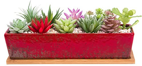ARTKETTY Succulent Plant Pots, 30 CM Long Rectangle Succulent Plant Pots with Drainage Tray, Large Ceramic Cactus Flower Plants for Indoor/Outdoor Plants Shallow Bonsai Window Box Home Decor, Red
