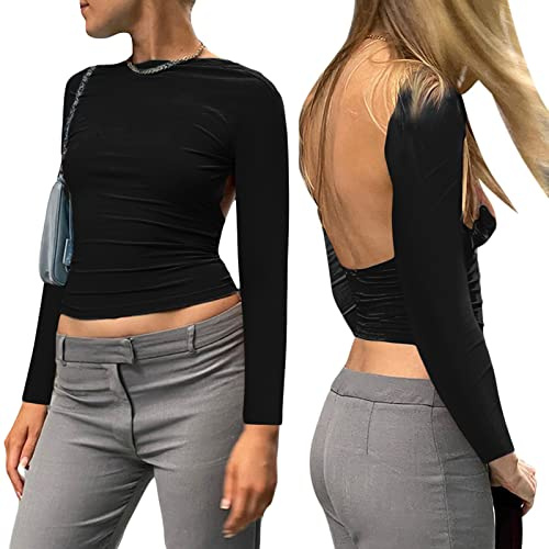 Maglietta sexy da donna, a maniche lunghe, con schiena scoperta, con schiena scoperta e schiena scoperta, A-nero., S