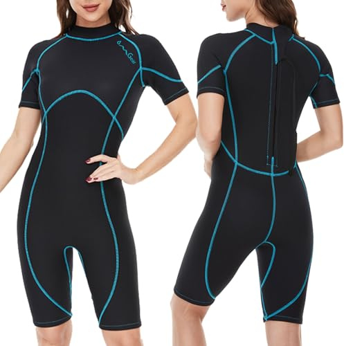 OMGear Wetsuit Women Men 3mm Neoprene Dive Wet Suit for Cold Water Short Thermal Swimsuit for Adults Snorkel Suit for Snorkeling Scuba Diving Swimming Surfing(Wathet,Large)