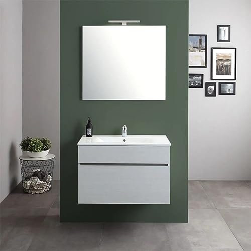 Kiamami Valentina - Mobile Bagno Sospeso 80cm con 1 Cassetto | Lavabo in Ceramica | Specchio 80x60 cm | Mobile Completo con Lavabo e Specchio | Colore Grigio Moon Effetto Legno