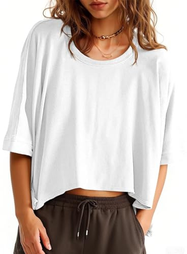 Tankaneo Womens Oversized T-Shirts Cropped Summer Casual Short Sleeve Loose Fit Tee Tops White