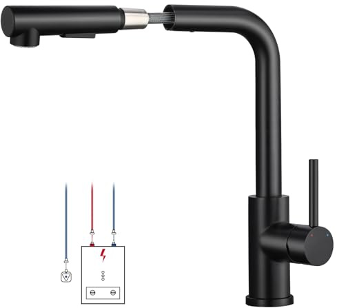 Lovhaus Rubinetto da cucina a bassa pressione, nero, rubinetto da cucina, allungabile, 3 porte, girevole a 360°, a bassa pressione con doccetta, due tipi di getto d'acqua, rubinetto per lavello a