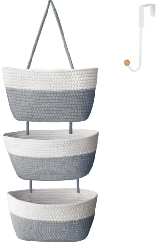 ililmmoeCesto appeso dietro la porta, cestino a 3 strati, corda di cotone, montato a parete， cestino da cucina decorativo, organizer per appendere il bagno, incluso1gancio (Grigio Bianco)