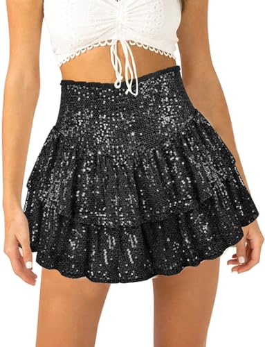 Mini jupes pour femme - Jupe double couche - Taille haute - Jupe évasée à paillettes - Jupe courte fluide à paillettes - Jupe courte pour soirée en boîte de nuit - Short intégré, Noir , 36