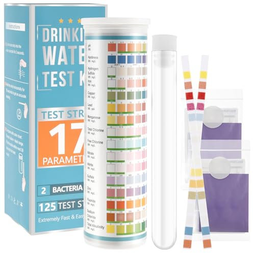 Foribyw 17 in 1 Drinking Water Testing Kits with Test Tube 125 Strip 2 E. coli Paper Sheets Accurate Water Quality Test Kit for Well and Tap Water for Hardness pH Lead Iron(125Pcs Tests Strips)
