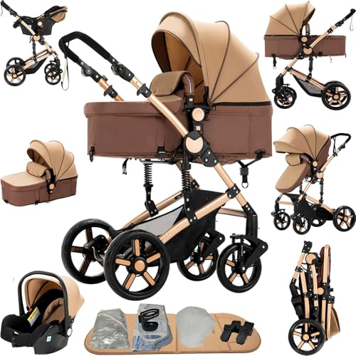 Reenborn Kinderwagen 3 in 1, Buggy mit Zwei Umkehrbaren Schiebemodi, Kinderwagen mit Rahmen Aluminiumlegierung, Kombikinderwagen 3 in 1 Komplettset mit Ein-Klick-Faltdesign (588 Khaki)