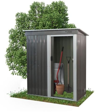 Mobiclinic®, Cobertizo de Jardín, con Puerta Corrediza,150 x 75 x 181 cm, Armario Exterior, con Cerradura para Candado, Nomi, 1.4 m², Techo Inclinado, Almacenamiento Seguro, Resistente, Gris