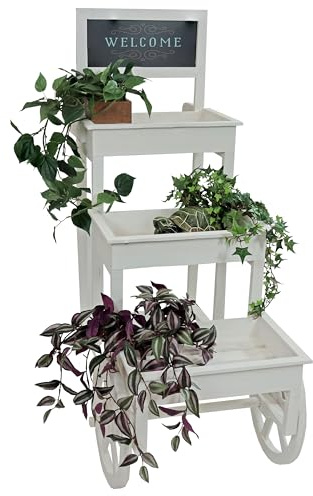 Sunnydaze 3-Tiered Flower Cart Display Stand with Wheels - Flower Display Stand or Planter - Wooden Cart with Chalkboard - White