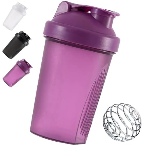 hzkais Protein Shaker Bottle 400ml with Stainless Steel Mixing Ball, Shaker Bottle for Fitness Sports Gym, Milkshake Cups, BPA Free, Leakproof Flip On Lid, Dishwasher Safe, Purple