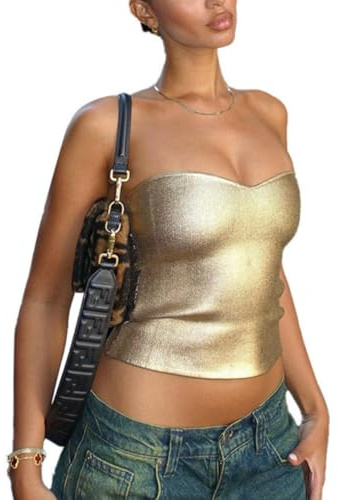 Women's PU Tube Tops, Gold Leather Strapless Bandeau Top, Sexy Off The Shoulder Skinny Bustier Vest, Shiny Metallic Tank Top Party Club Wear, Non-Padded Stretchy Casual Basic Vest for Raves Festivals
