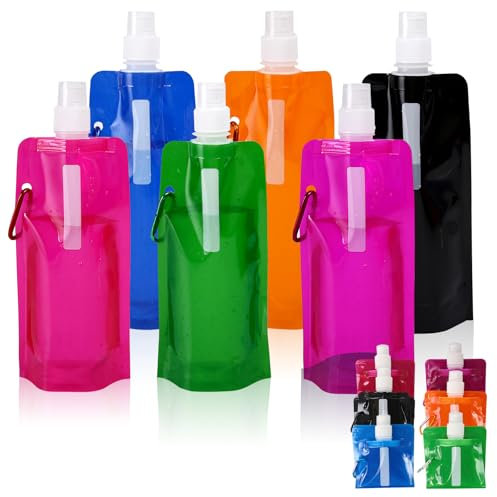 EOAMGO Lot de 6 gourdes pliables de 500 ml - Sans BPA - Avec mousqueton - Réutilisables - Pour vélo, camping, sport