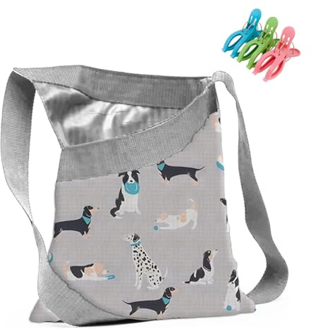 Xheanxu Peg Bag for Washing Line, Large Capacity, Waterproof, Easy Carry, High Capacity Clothes Peg Bag Organizer, Peg Basket for Washing Line, Durable Clothes Pegs Bag for Home Laundry (Gray Puppy)