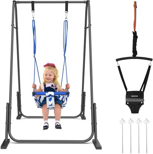 Slevoo 2-in-1 Baby Jumper and Toddler Swing Set with Foldable Metal Frame, Indoor and Outdoor Play for Ages 6 Months to 6 Years, Supports Up to 200 Pounds (Black)