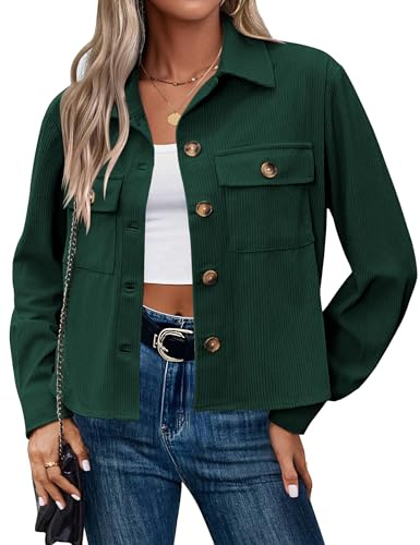 Hotouch Veste Bomber Femme Court Décontracté Blouson à Manches Longues Boutons Manteau Léger Sweatjacke Vert L
