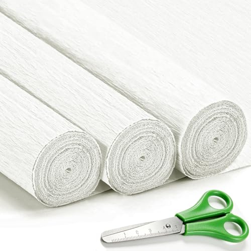 3 Rouleaux de Papier Crépon Blanc - 43 x 250cm, DIY Flowers Crafts, Papier Crepon pour Fleurs Pliées à la Main, Mariages, Fêtes d'anniversaire, Saint-Valentin, Festival Décorations (Blanc)
