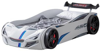 Generico Letto Auto per Bambini GT1 Eco 90x190cm con LED, Spoiler Posteriore, Stile Sportivo Bianco/Rosso