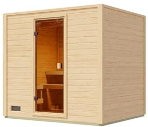 Karibu Gartensauna 230,8x189,9x219,5cm│Garten Sauna aus Fichte 38mm│mit bronzierter Glastür & 2 Liegen│Fronteinstieg│Massivholz│für 2–4 Personen mit Boden