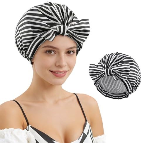 HAGOT Shower Cap for Women, Waterproof Hair Cap for Shower, Double Layer Reusabl, Fits Long Short Hair Curly Hair