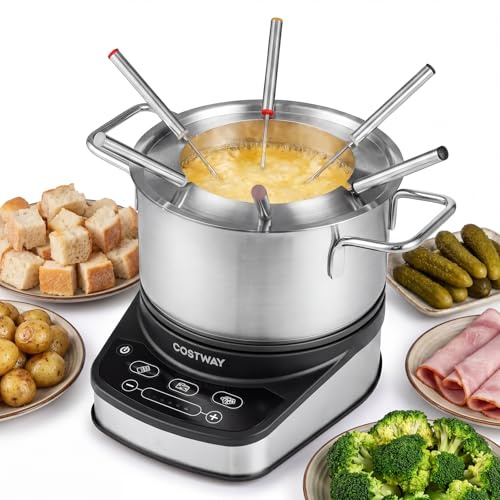 COSTWAY 3 L Set Fonduta Elettrica, Fondue per Formaggio, Bourguignonne, Cioccolato con 6 Forchette, Pentola Antiaderente e Paraspuzzi, Temperatura Regolabile, in Acciaio Inox, Rimovibile e Lavabile