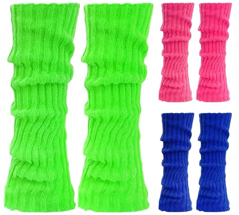 DIELOVEHUA 3 par dam neonbenvärmare, 80-tals 90-tals dambenvärmare, sexiga neonbenvärmare, stickade legwarmers strumpor, kostym tillbehör för motto fest karneval dans